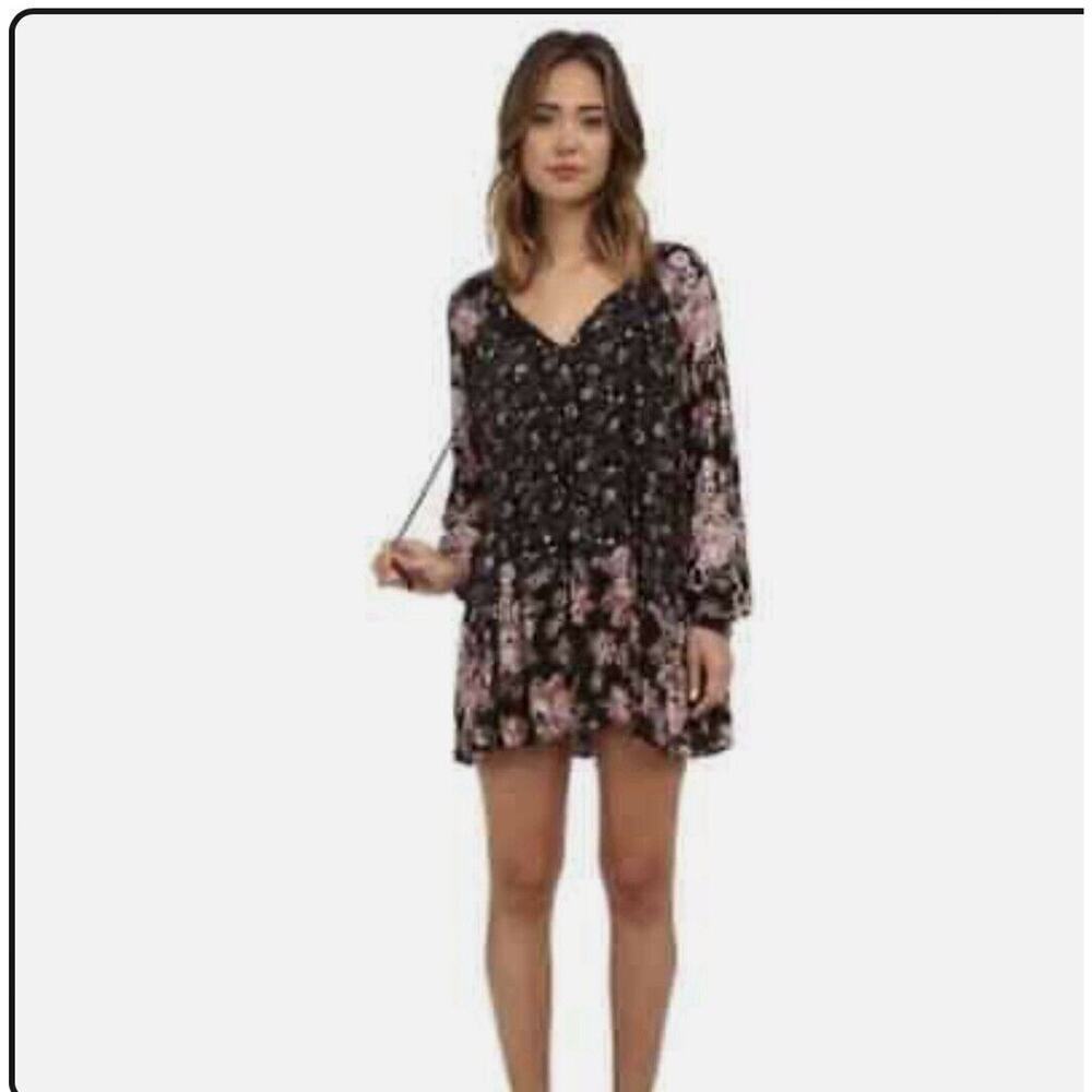 Free People Women's Lucky Loosey Swing Dress Size M Black Multicolor Floral Boho